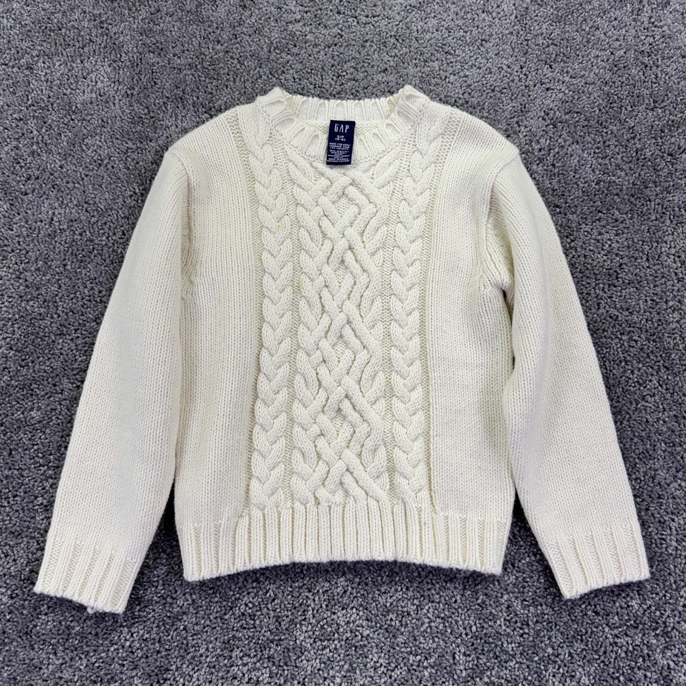 Gap Sweater Kids 5-6 White Cable Knit Wool Crew Neck Pullover Winter Heavyweight